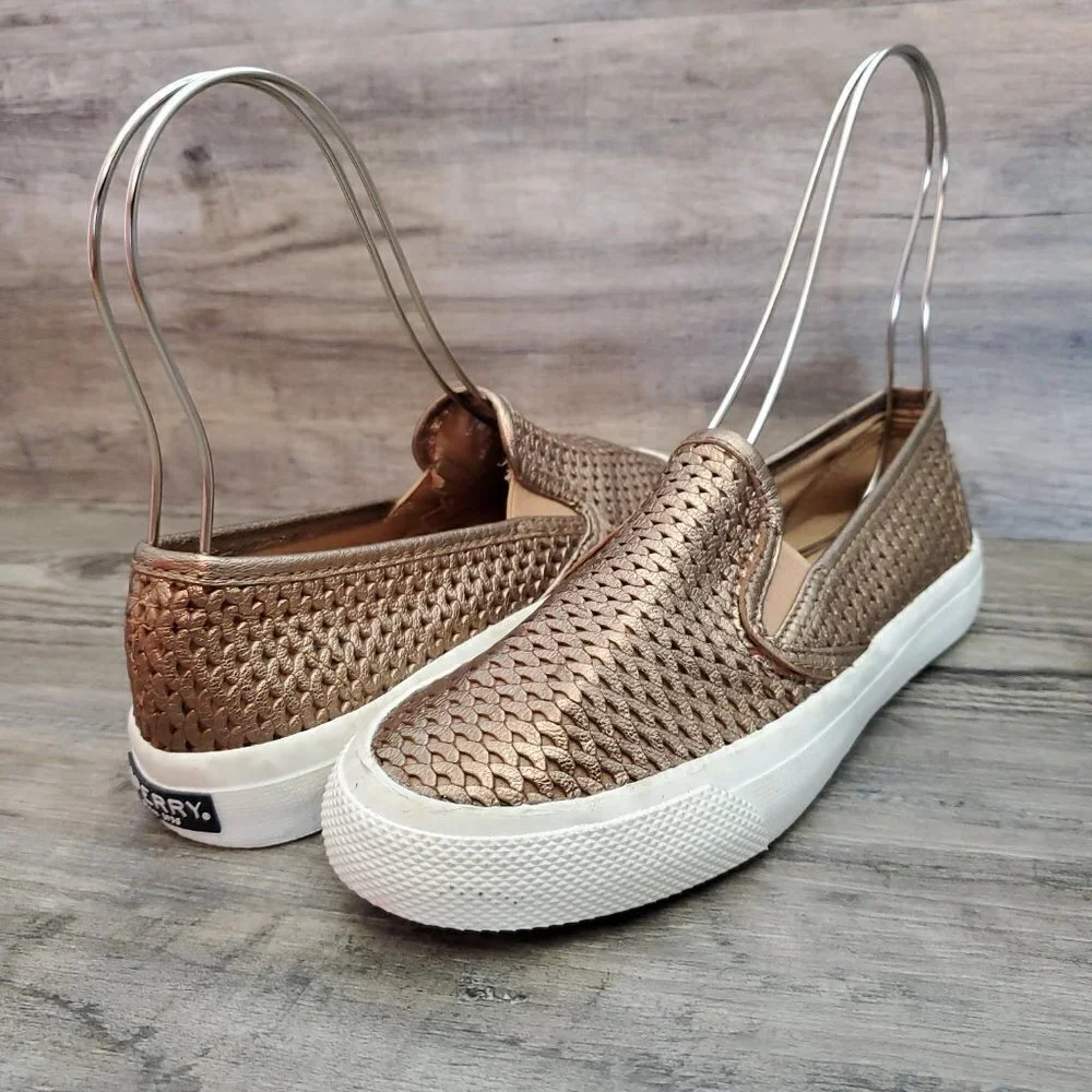 ❤️403 Sperry Seaside Perforated Platinum Metallic Gold Slip-On Sneaker